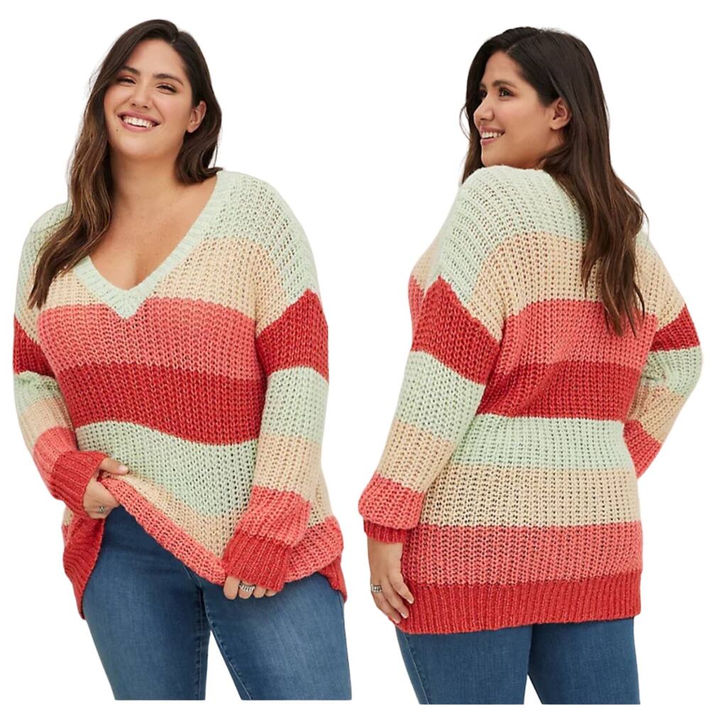 Torrid NWT Pullover Sweater - Multi Stripe Size 0X V-Neck Ribbed Hem & Sleeve